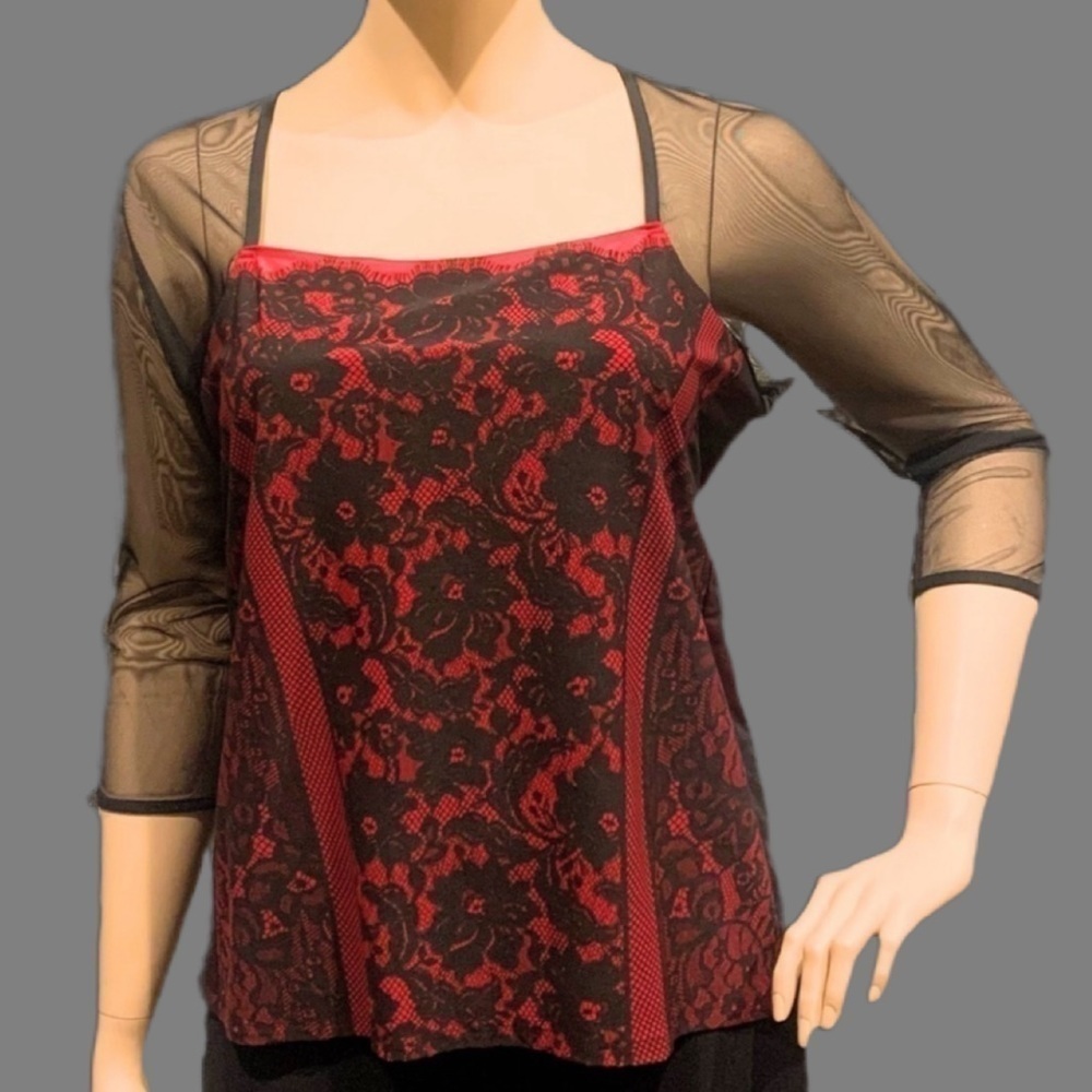 IGIGI Festival Top Plus Size 22 Black Lace on Red Blouse, 3/4 Raglan Sleeves NEW - Picture 2 of 11